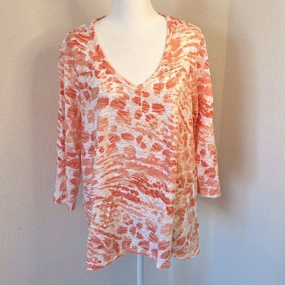 Women's Chicos 3/4 Sleeve V-Neck Peach & Orange Abstract Print T-Shirt ~ Size 3